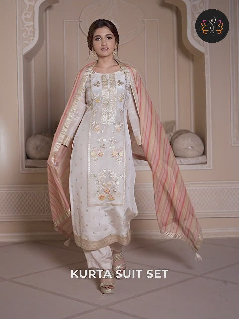 Cream White Tissue Silk Suit Featuring Designer Panel & Thread Weaving Work