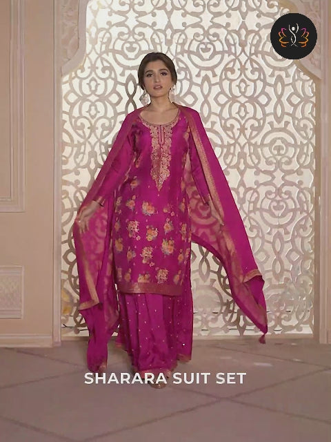 Fandango Purple Jacquard Dola Silk Suit with Digital Floral Printed