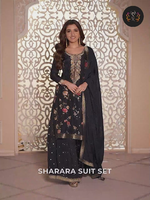 Midnight Black Jacquard Dola Silk Suit with Digital Floral Printed