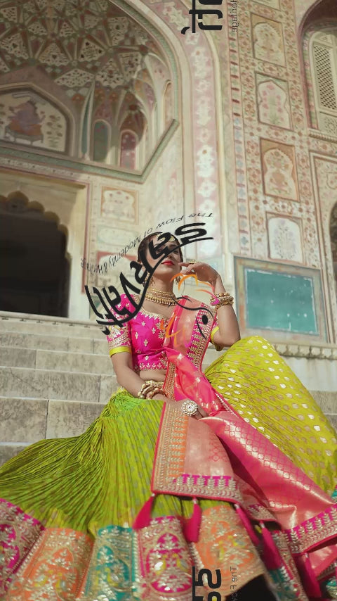 Sheen Green and Pink Banarasi Silk Lehenga with Zari & Resham Details