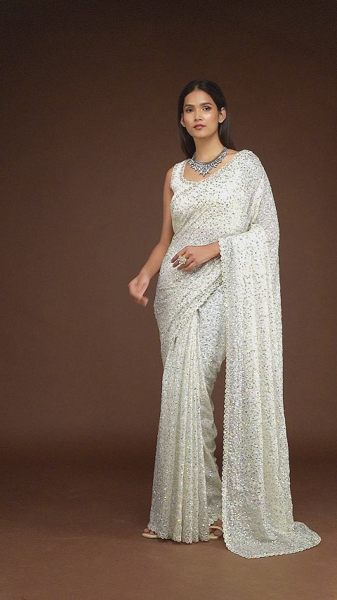 Pearl White Sequins Georgette Saree with Thread Embroidery