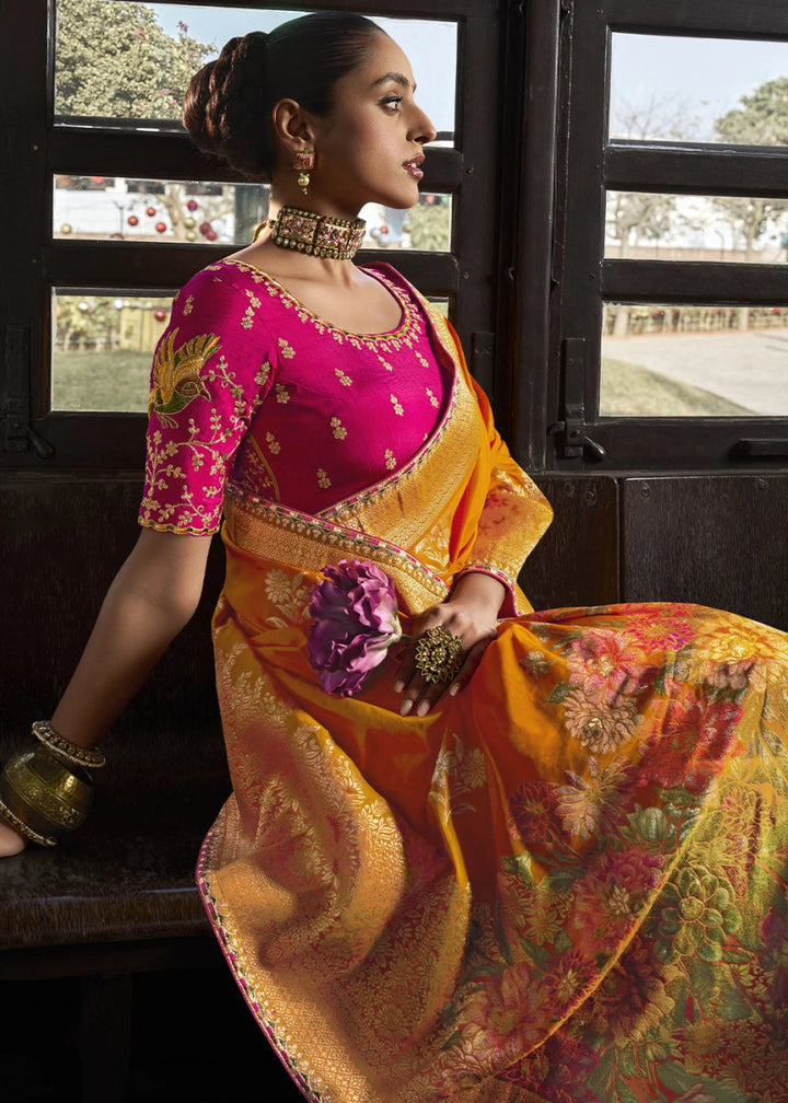 Princeton Orange Viscous Dola Silk Saree with Opulent Zari Work & Embellished Blouse - House of Sarvati LLC