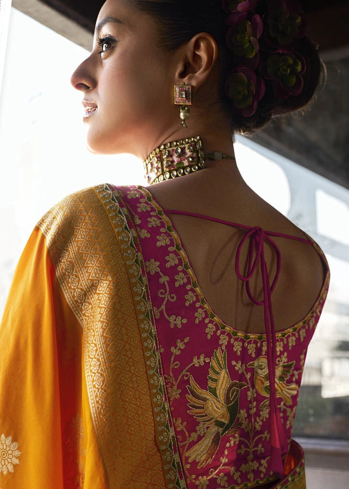 Princeton Orange Viscous Dola Silk Saree with Opulent Zari Work & Embellished Blouse - House of Sarvati LLC