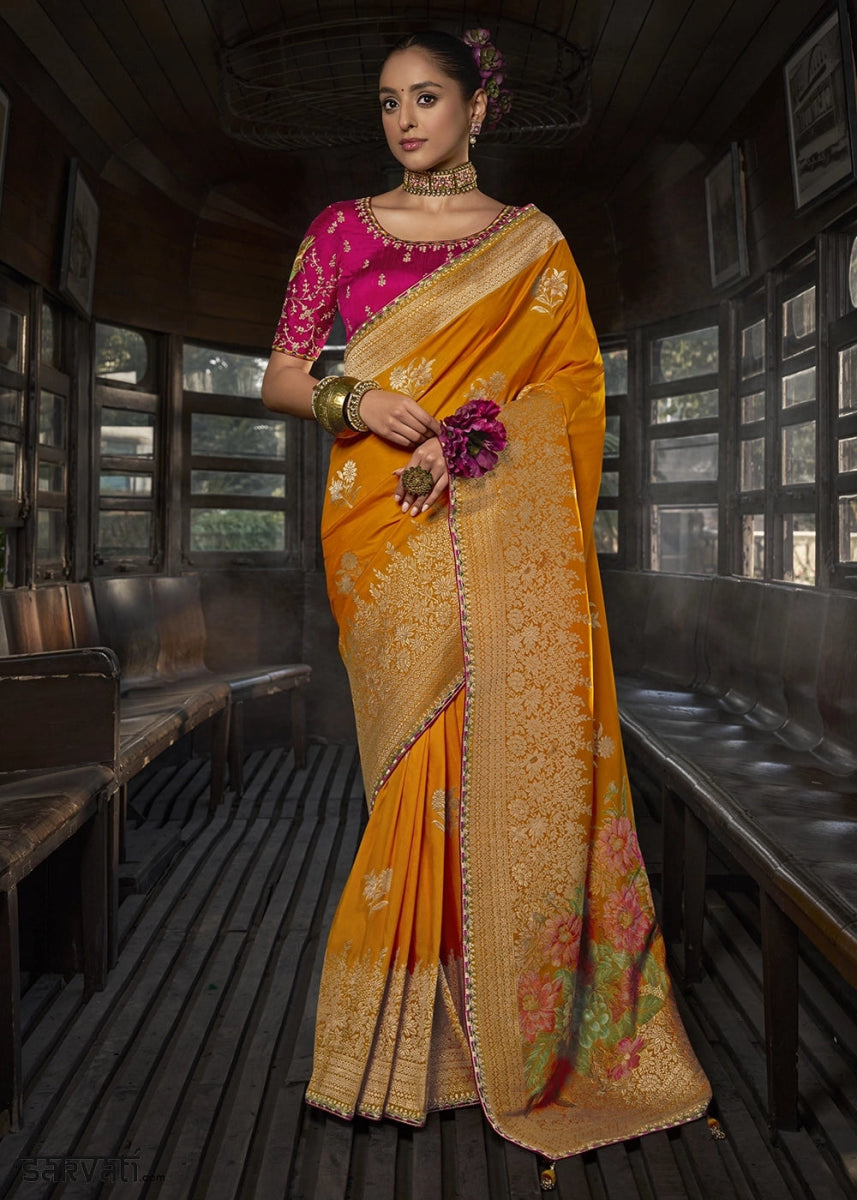 Princeton Orange Viscous Dola Silk Saree with Opulent Zari Work & Embellished Blouse - House of Sarvati LLC