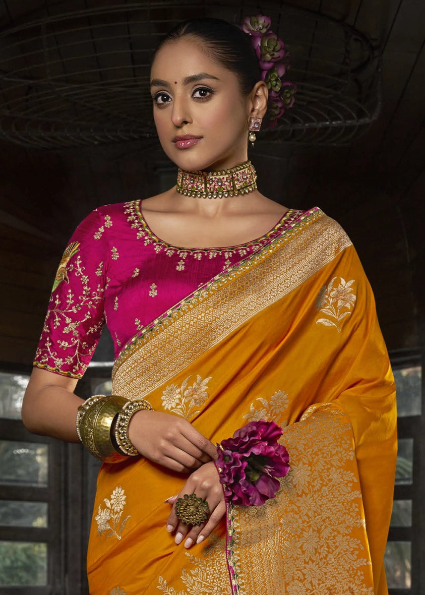 Princeton Orange Viscous Dola Silk Saree with Opulent Zari Work & Embellished Blouse - House of Sarvati LLC