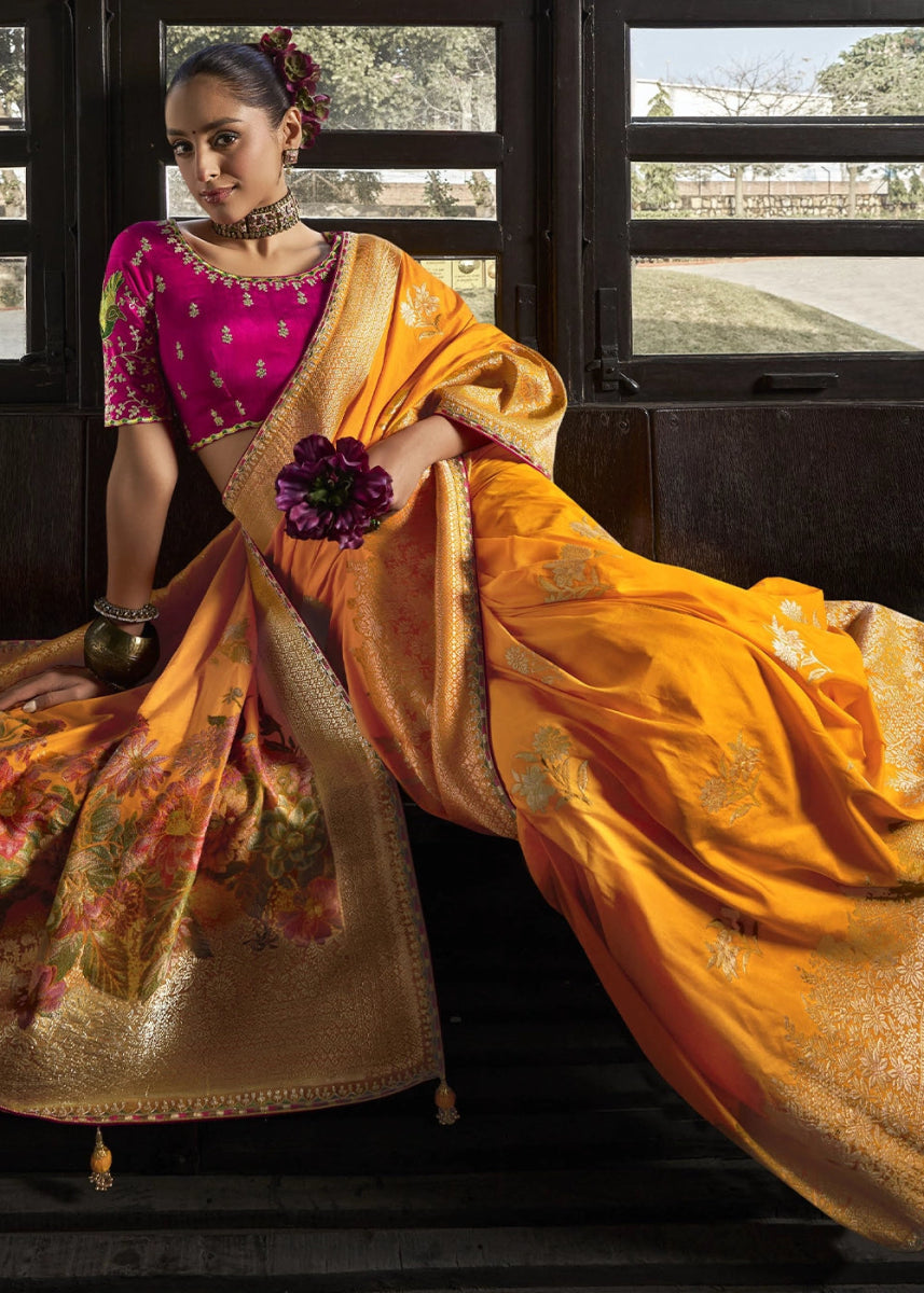 Princeton Orange Viscous Dola Silk Saree with Opulent Zari Work & Embellished Blouse - House of Sarvati LLC