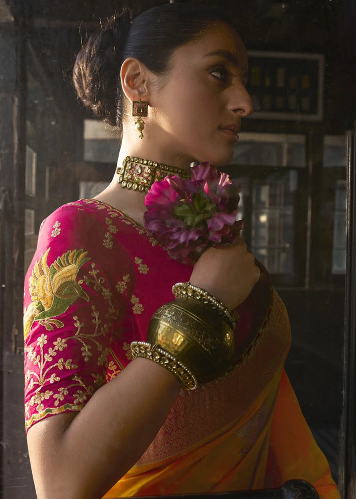 Princeton Orange Viscous Dola Silk Saree with Opulent Zari Work & Embellished Blouse - House of Sarvati LLC