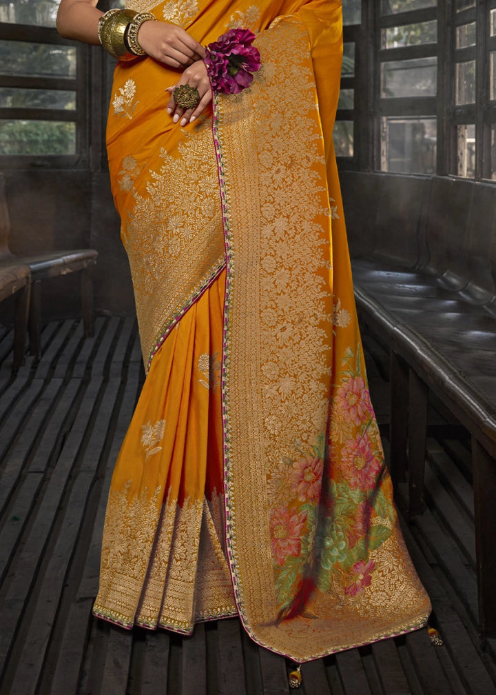 Princeton Orange Viscous Dola Silk Saree with Opulent Zari Work & Embellished Blouse - House of Sarvati LLC