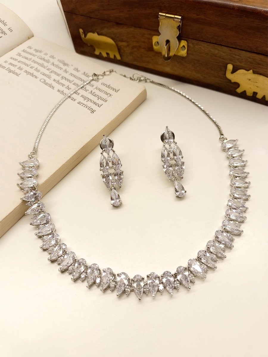 Priya White American Diamond Necklace Set - House of Sarvati LLC