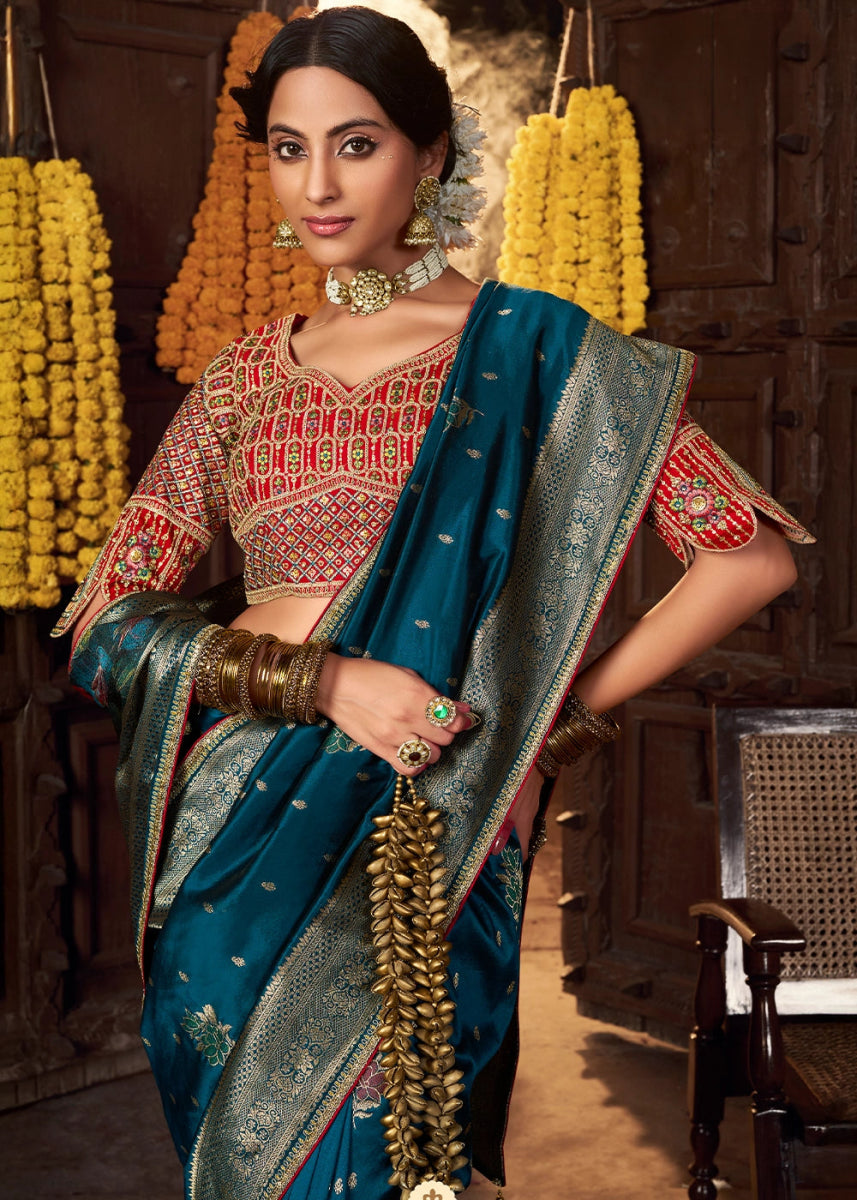 Prussian Blue Banarasi Silk Saree with Handcrafted Embroidered Blouse - House of Sarvati LLC