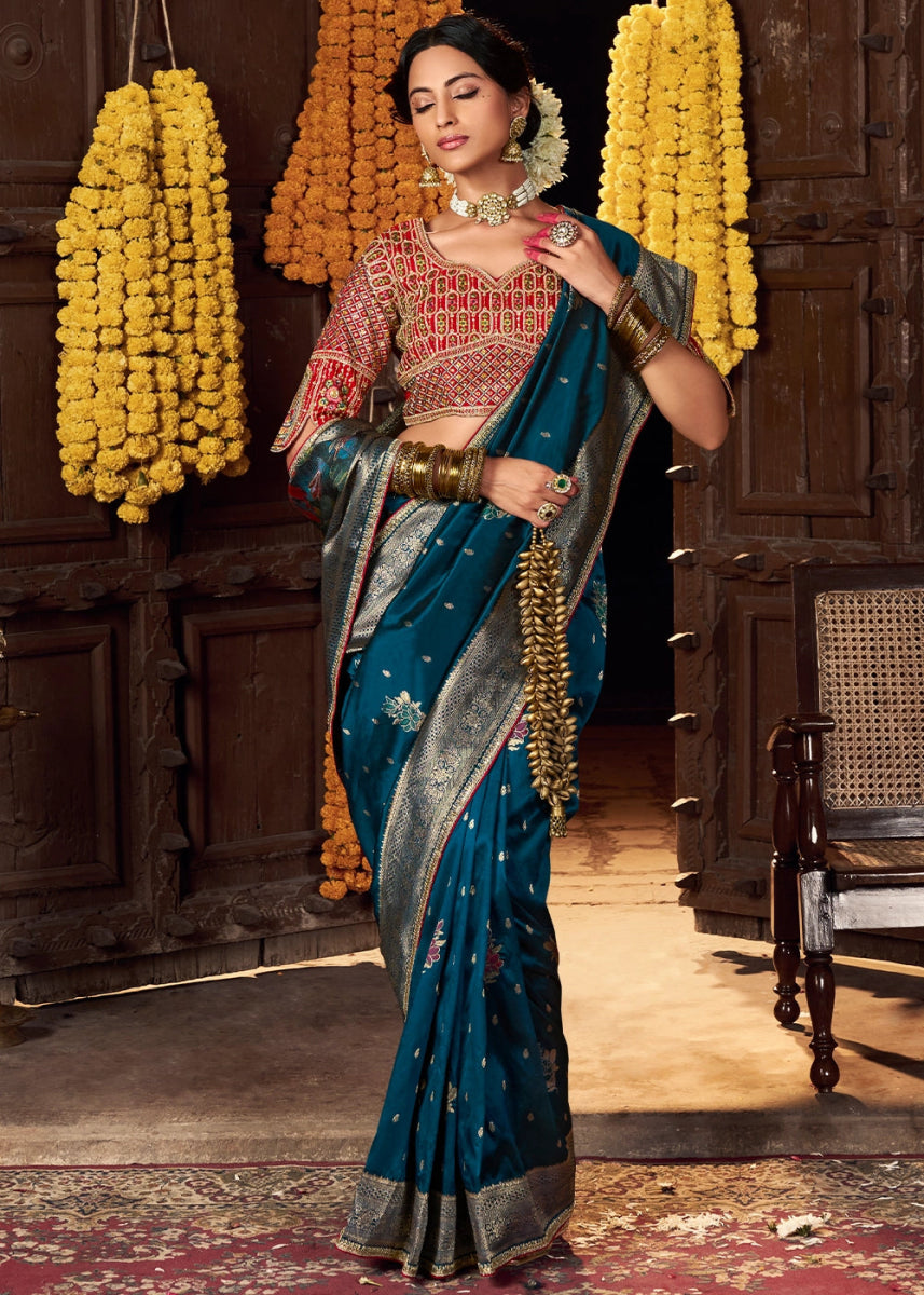 Prussian Blue Banarasi Silk Saree with Handcrafted Embroidered Blouse - House of Sarvati LLC