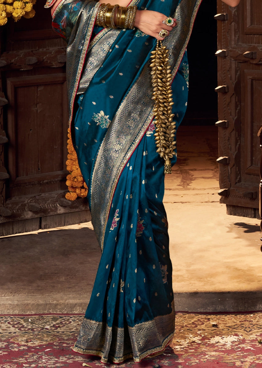 Prussian Blue Banarasi Silk Saree with Handcrafted Embroidered Blouse - House of Sarvati LLC