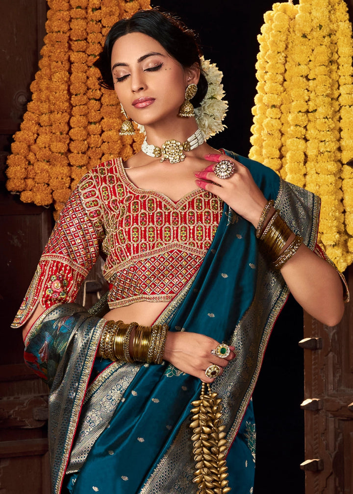 Prussian Blue Banarasi Silk Saree with Handcrafted Embroidered Blouse - House of Sarvati LLC