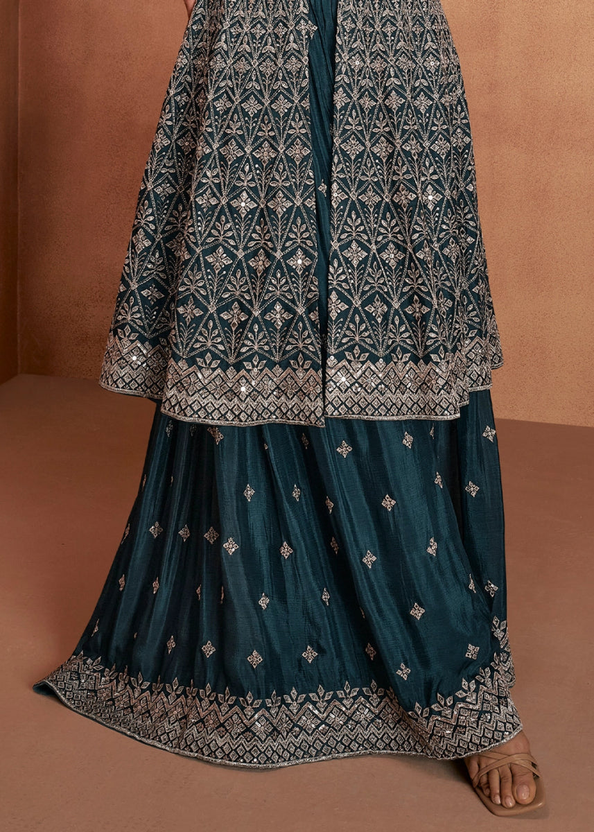 Prussian Blue Chinon Silk Skirt Suit with Front Slit & Embroidery - House of Sarvati LLC