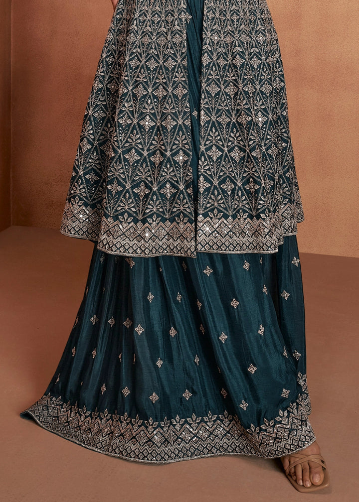 Prussian Blue Chinon Silk Skirt Suit with Front Slit & Embroidery - House of Sarvati LLC