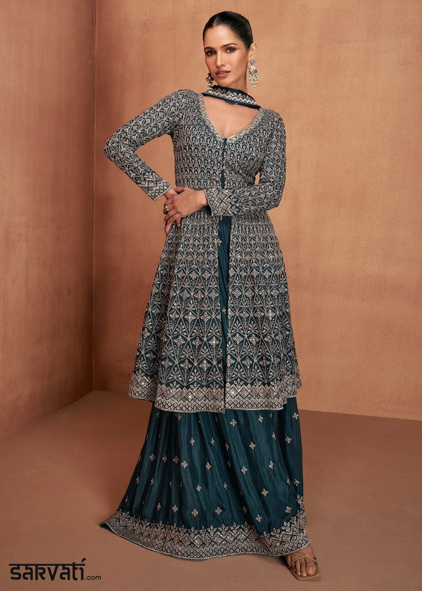 Prussian Blue Chinon Silk Skirt Suit with Front Slit & Embroidery - House of Sarvati LLC
