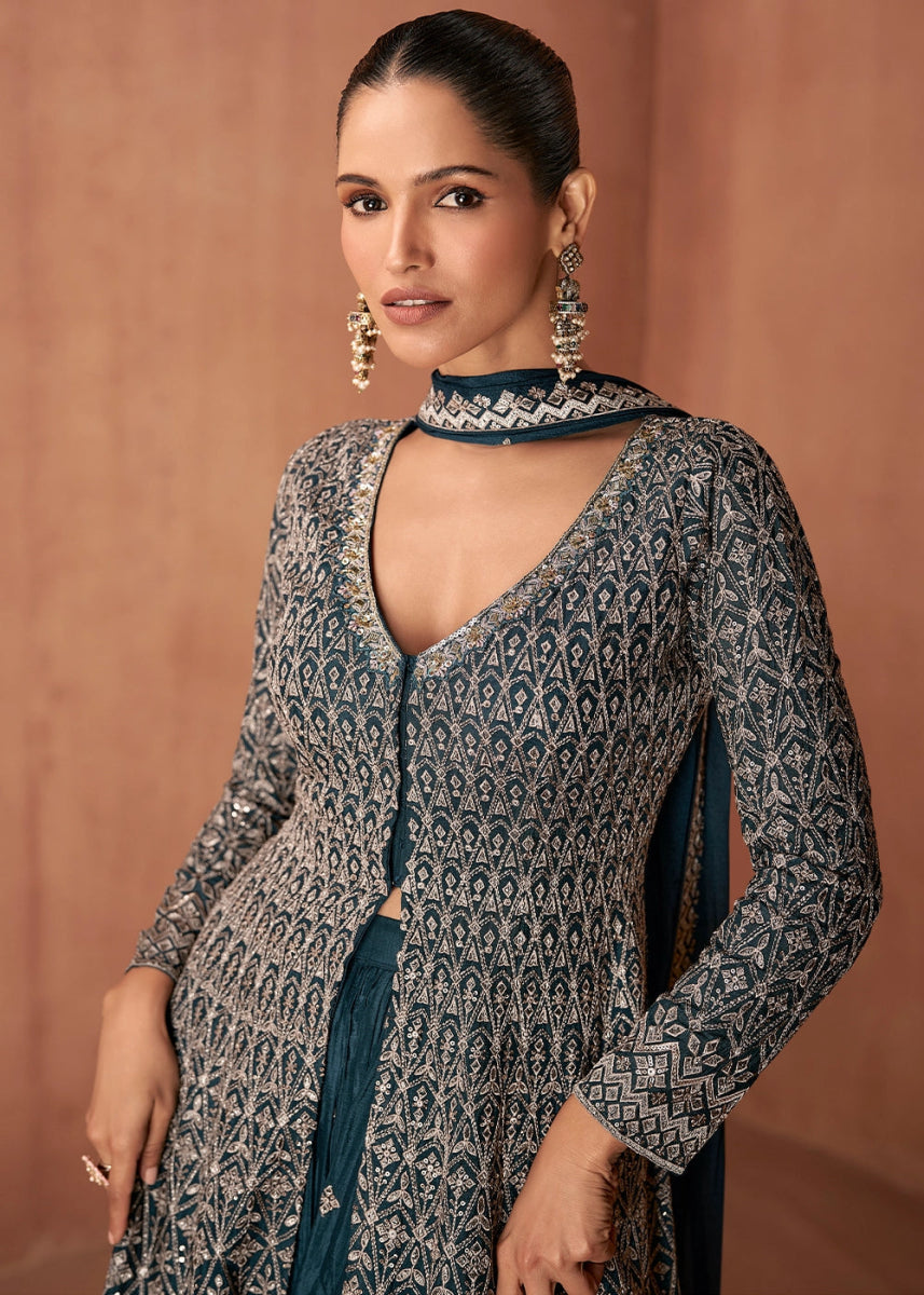 Prussian Blue Chinon Silk Skirt Suit with Front Slit & Embroidery - House of Sarvati LLC