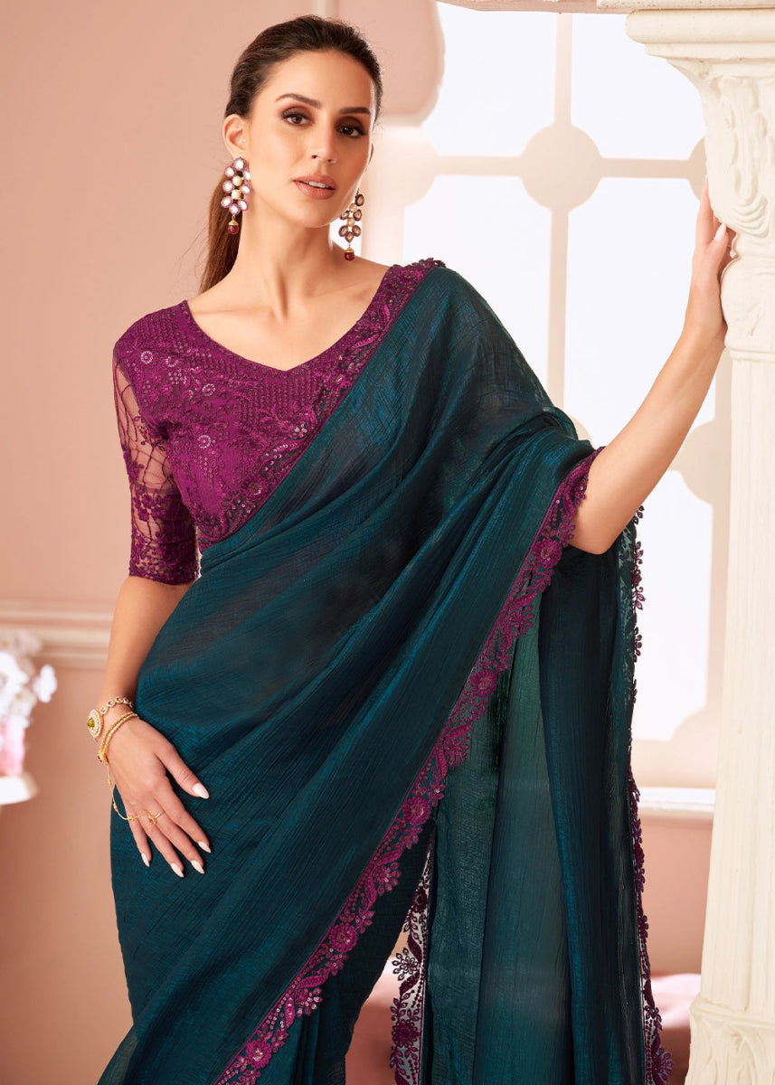 Prussian Blue Embellished Georgette Saree with Designer Blouse - House of Sarvati LLC
