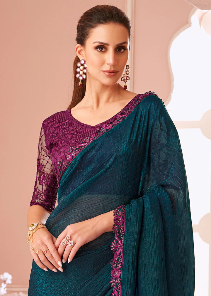 Prussian Blue Embellished Georgette Saree with Designer Blouse - House of Sarvati LLC