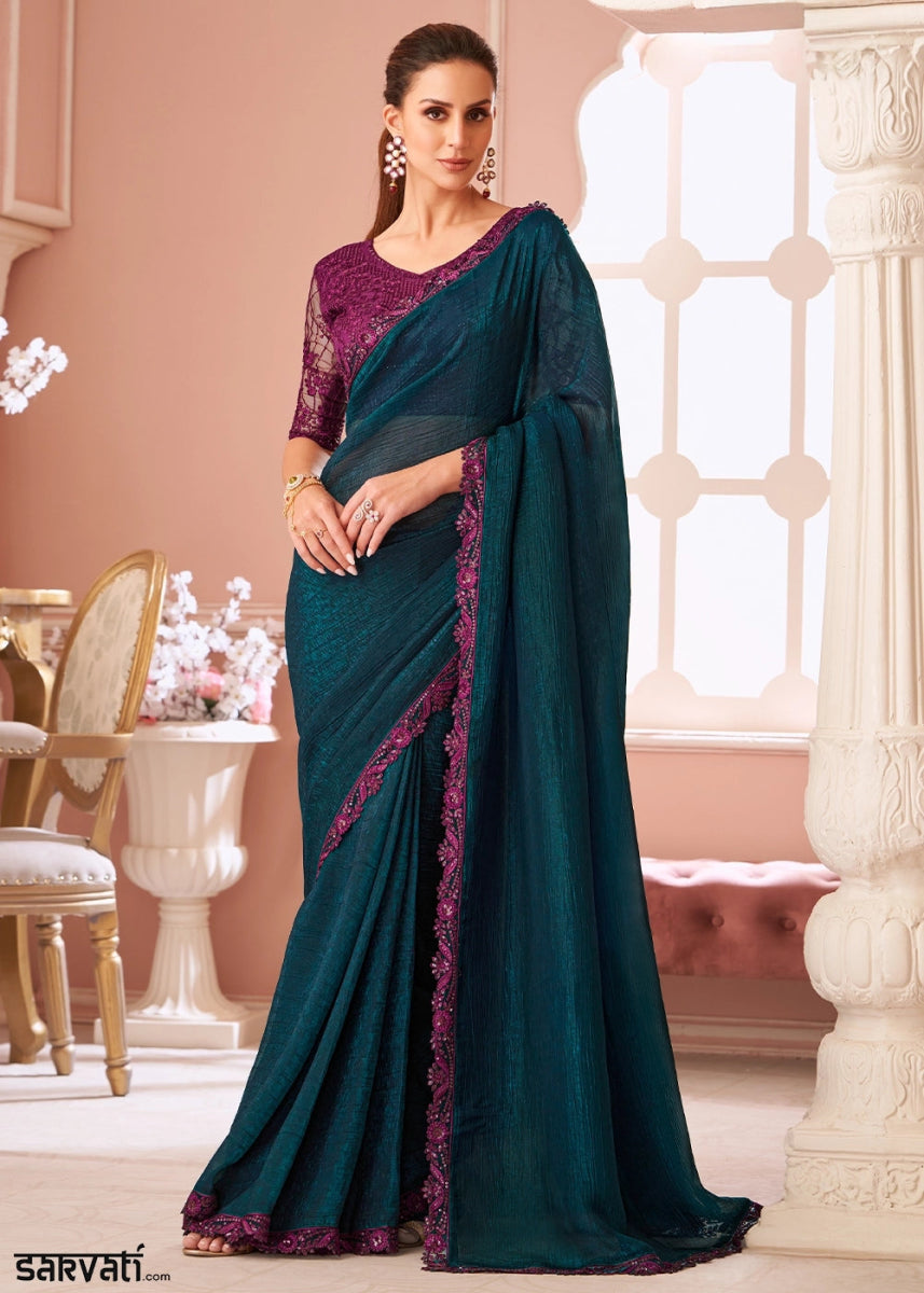 Prussian Blue Embellished Georgette Saree with Designer Blouse - House of Sarvati LLC