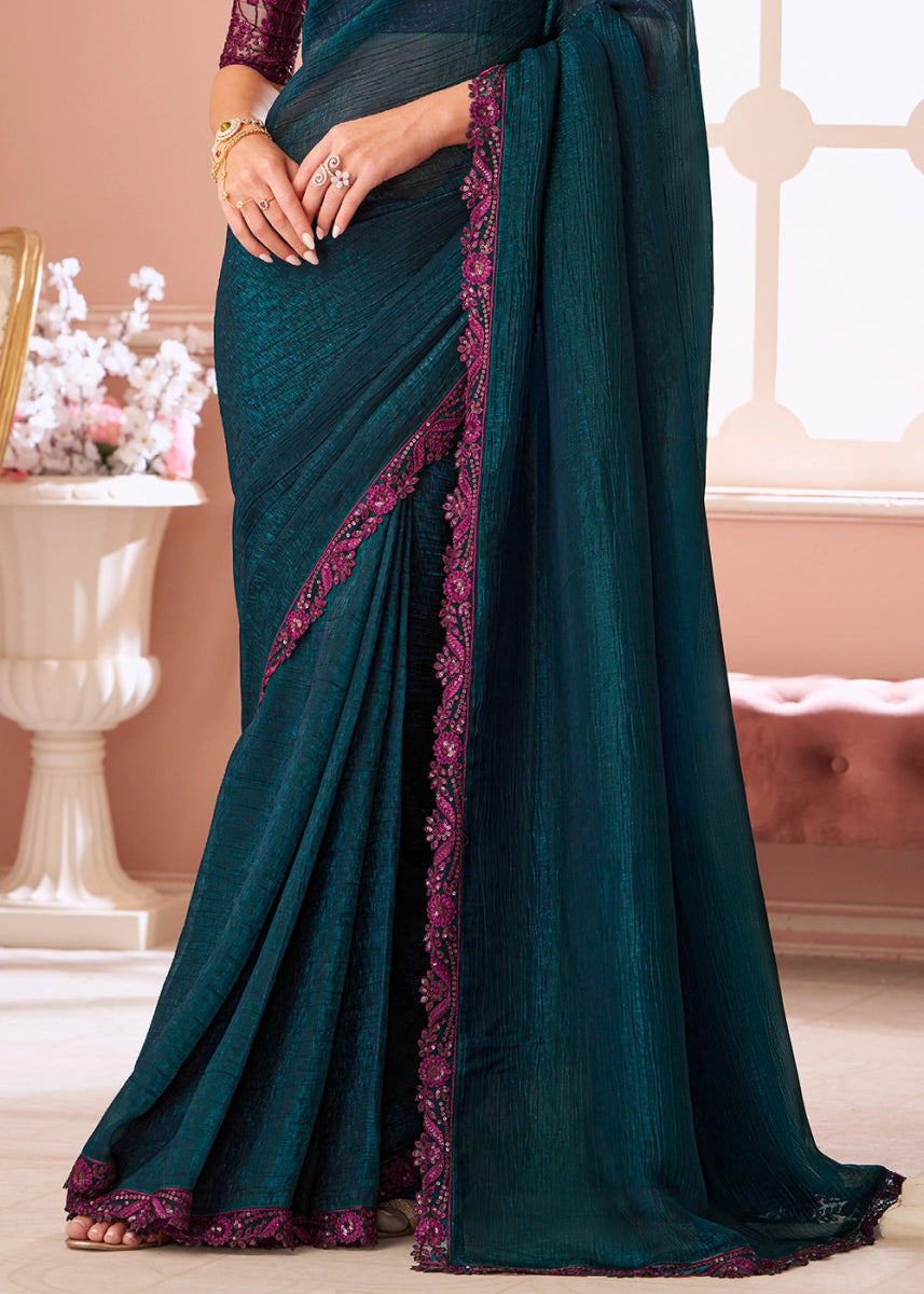 Prussian Blue Embellished Georgette Saree with Designer Blouse - House of Sarvati LLC