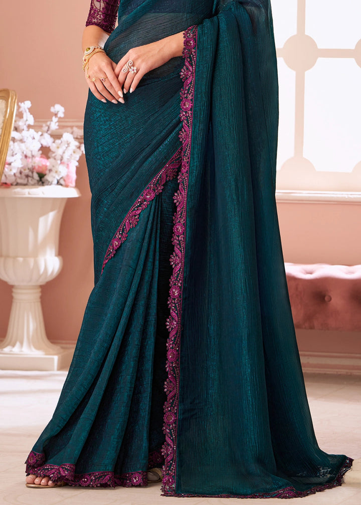 Prussian Blue Embellished Georgette Saree with Designer Blouse - House of Sarvati LLC
