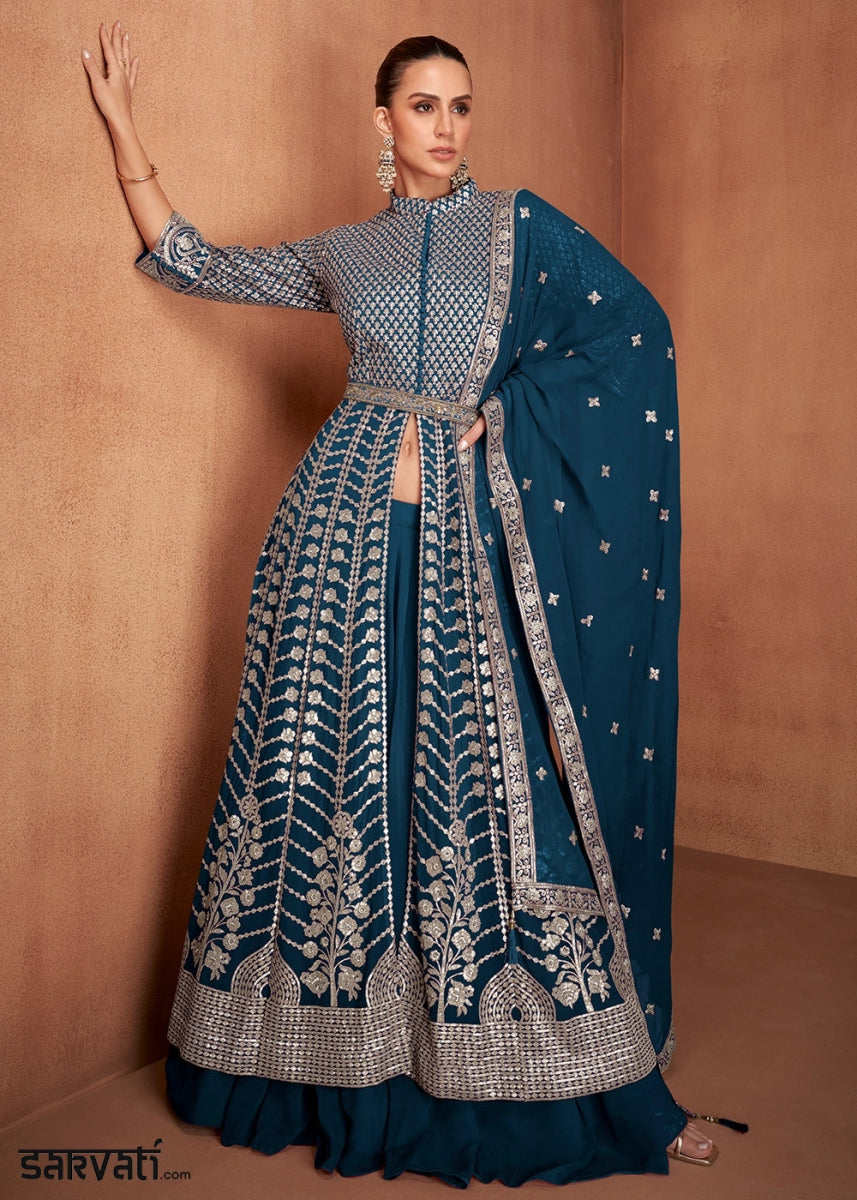 Prussian Blue Georgette Skirt Suit with Slit & Embellishments - House of Sarvati LLC