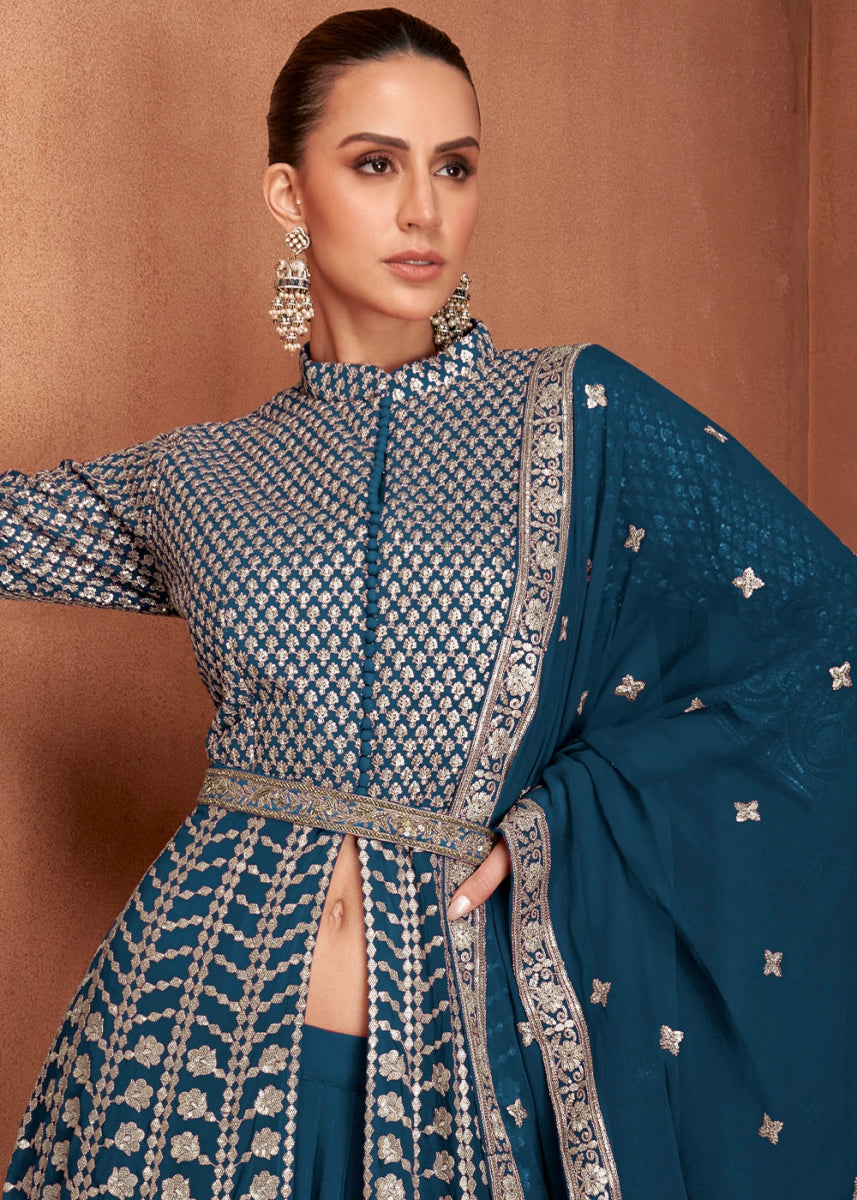 Prussian Blue Georgette Skirt Suit with Slit & Embellishments - House of Sarvati LLC
