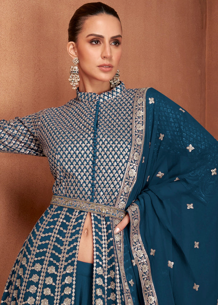 Prussian Blue Georgette Skirt Suit with Slit & Embellishments - House of Sarvati LLC