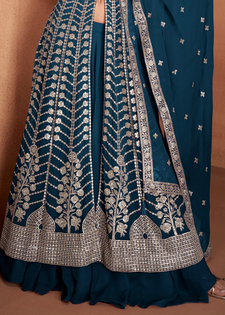 Prussian Blue Georgette Skirt Suit with Slit & Embellishments - House of Sarvati LLC