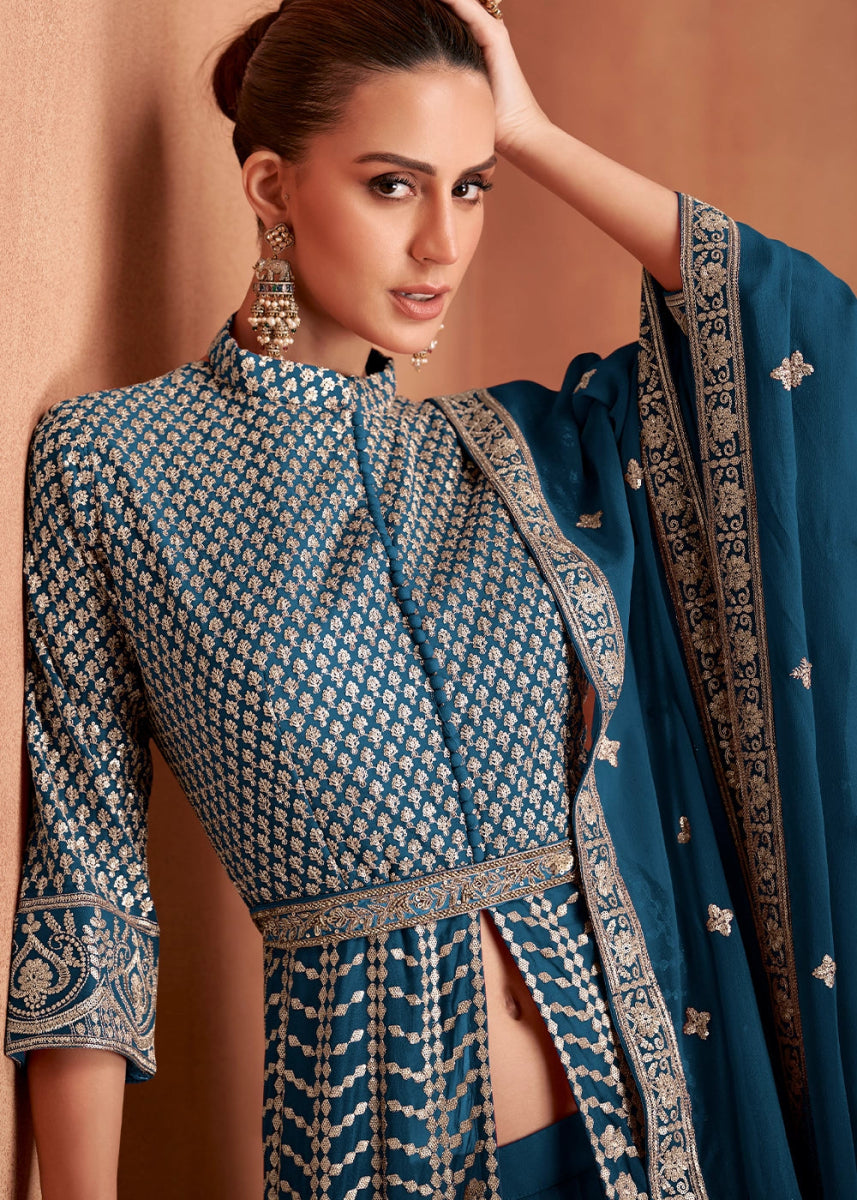 Prussian Blue Georgette Skirt Suit with Slit & Embellishments - House of Sarvati LLC