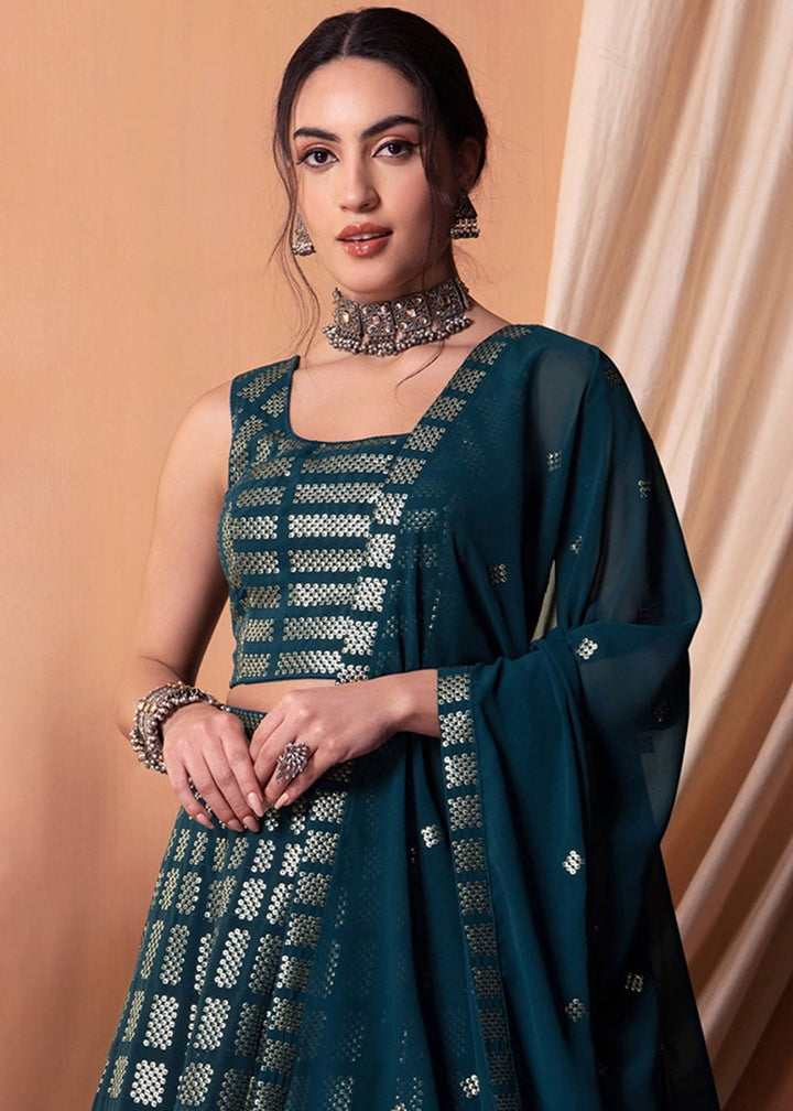 Prussian Blue Net Lehenga Choli with Handcrafted Sequins – Bridesmaids & Festive Wear - House of Sarvati LLC