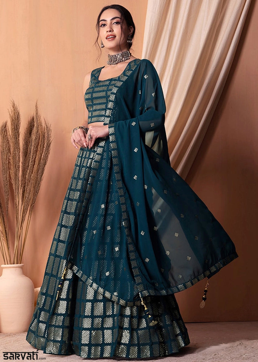 Prussian Blue Net Lehenga Choli with Handcrafted Sequins – Bridesmaids & Festive Wear - House of Sarvati LLC