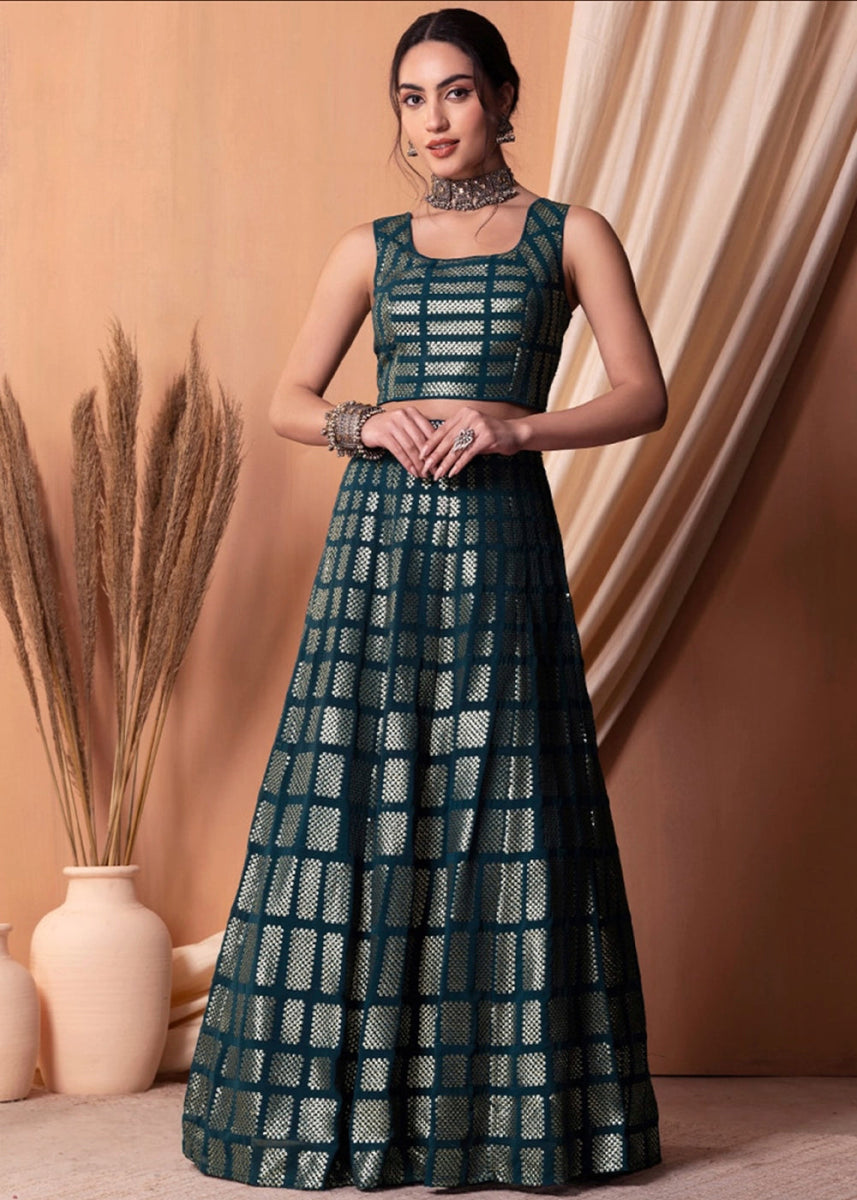 Prussian Blue Net Lehenga Choli with Handcrafted Sequins – Bridesmaids & Festive Wear - House of Sarvati LLC