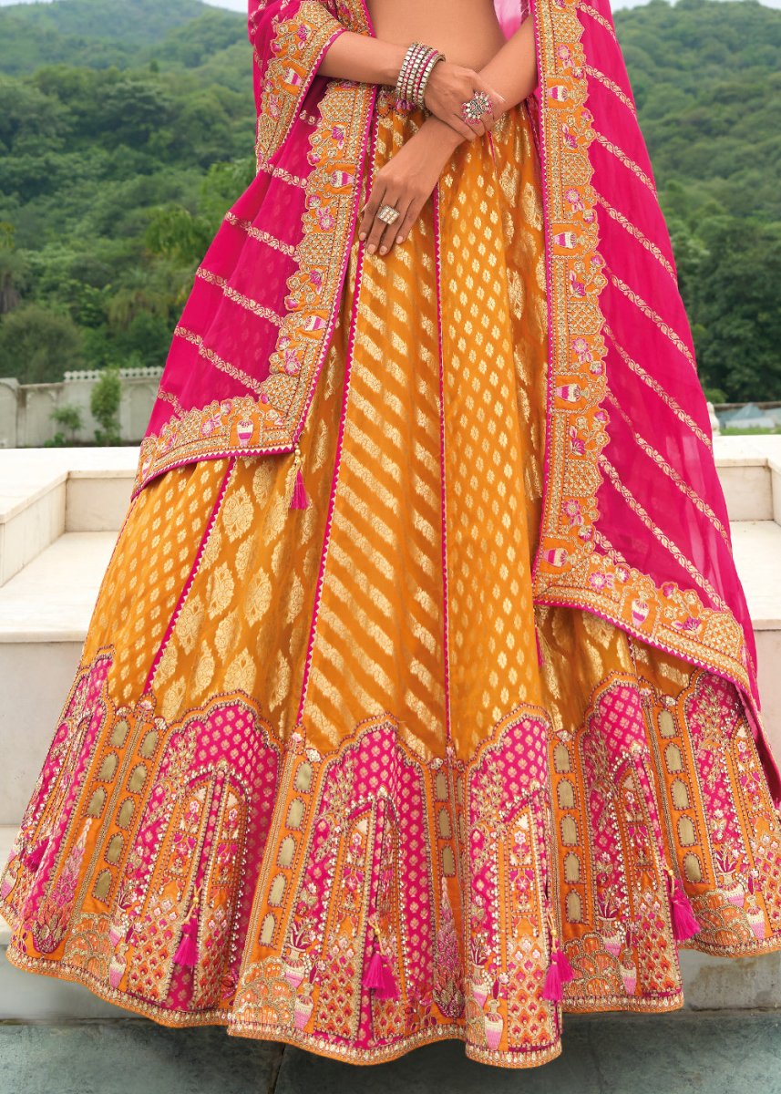 Pumpkin Orange Banarasi Silk Lehenga with Heavy Khatli & Embroidery Work - House of Sarvati LLC