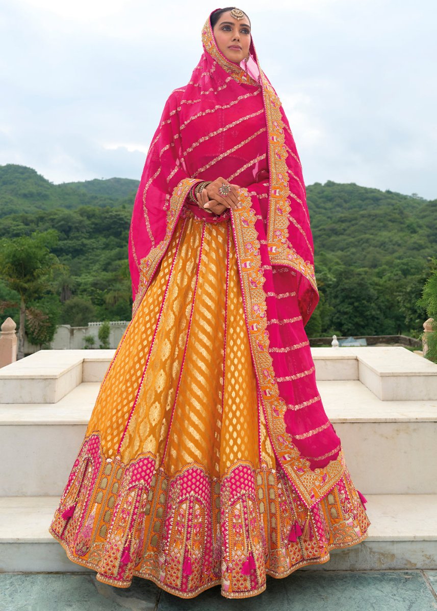 Pumpkin Orange Banarasi Silk Lehenga with Heavy Khatli & Embroidery Work - House of Sarvati LLC
