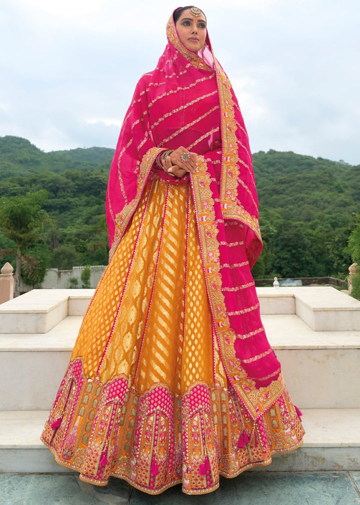 Pumpkin Orange Banarasi Silk Lehenga with Heavy Khatli & Embroidery Work - House of Sarvati LLC
