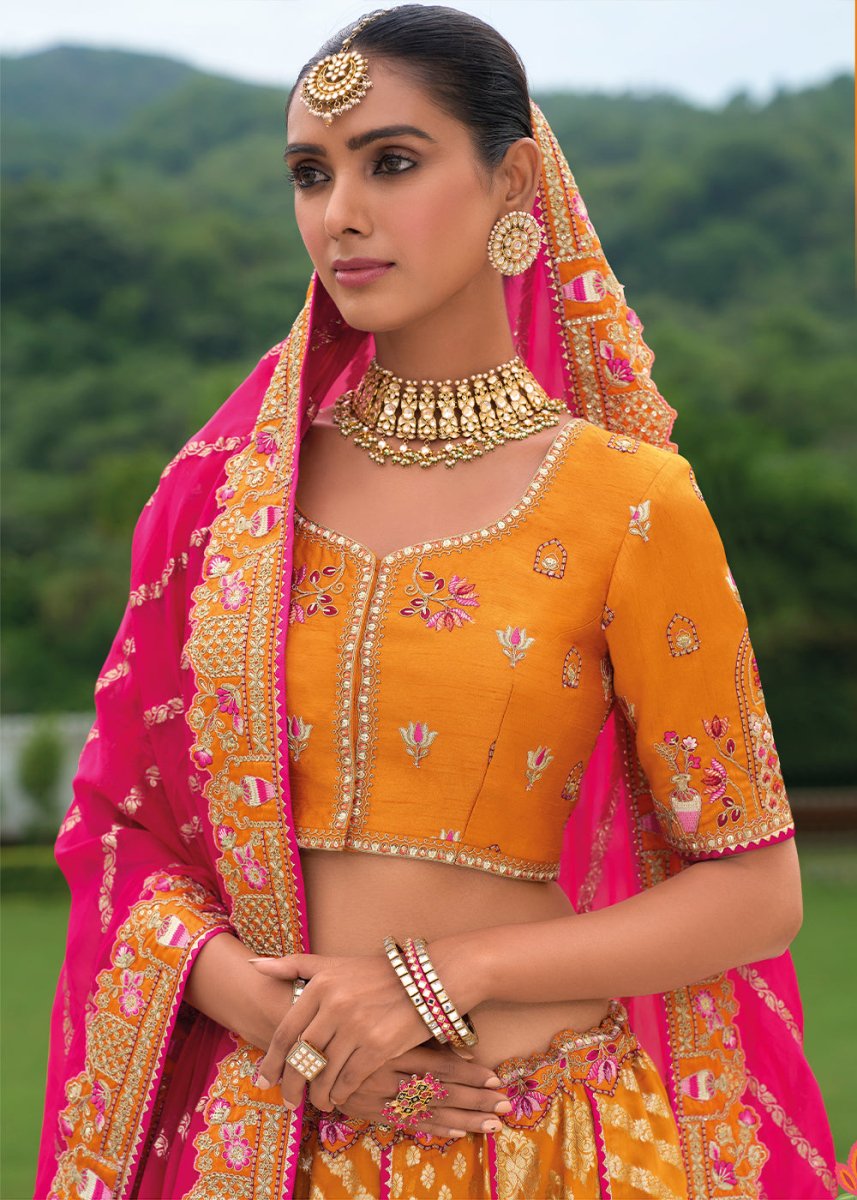 Pumpkin Orange Banarasi Silk Lehenga with Heavy Khatli & Embroidery Work - House of Sarvati LLC