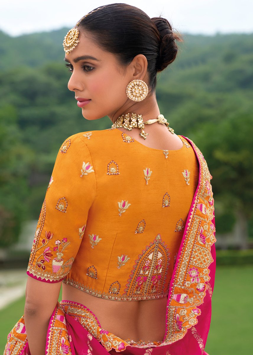 Pumpkin Orange Banarasi Silk Lehenga with Heavy Khatli & Embroidery Work - House of Sarvati LLC