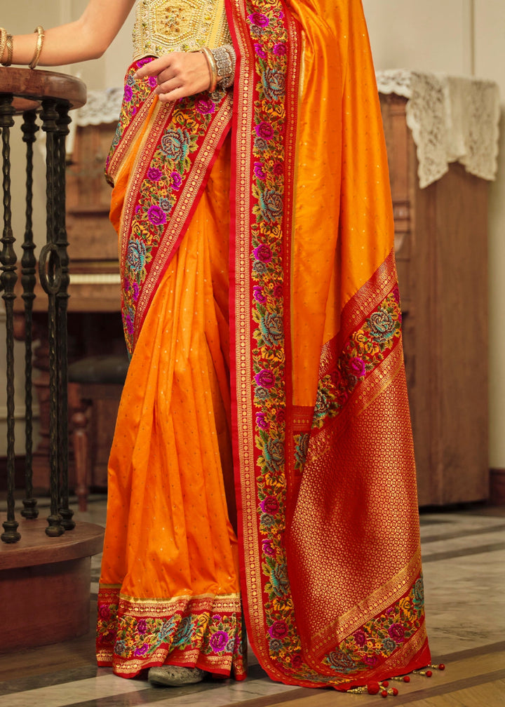 Pumpkin Orange Banarasi Silk Saree With Jacquard Butti Weaving And Meenakari Border & Pallu - House of Sarvati LLC