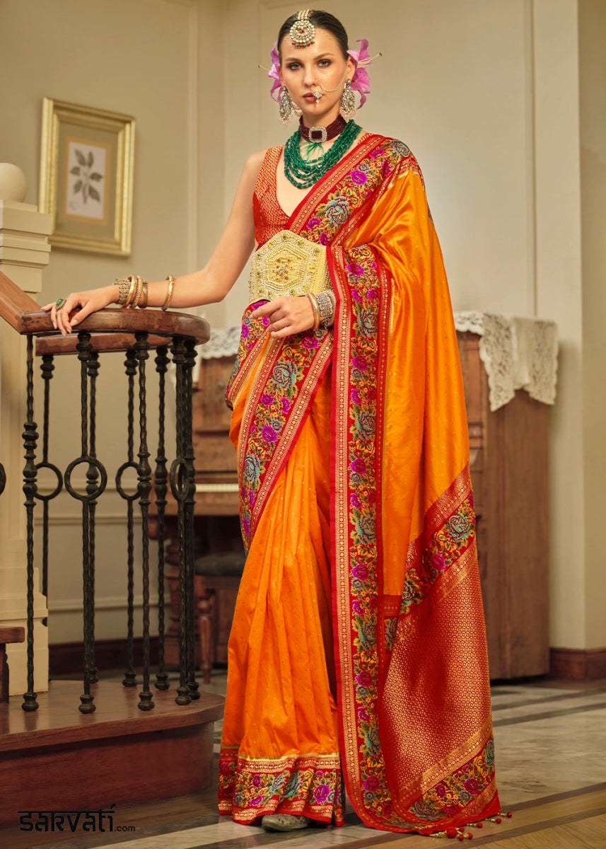 Pumpkin Orange Banarasi Silk Saree With Jacquard Butti Weaving And Meenakari Border & Pallu - House of Sarvati LLC