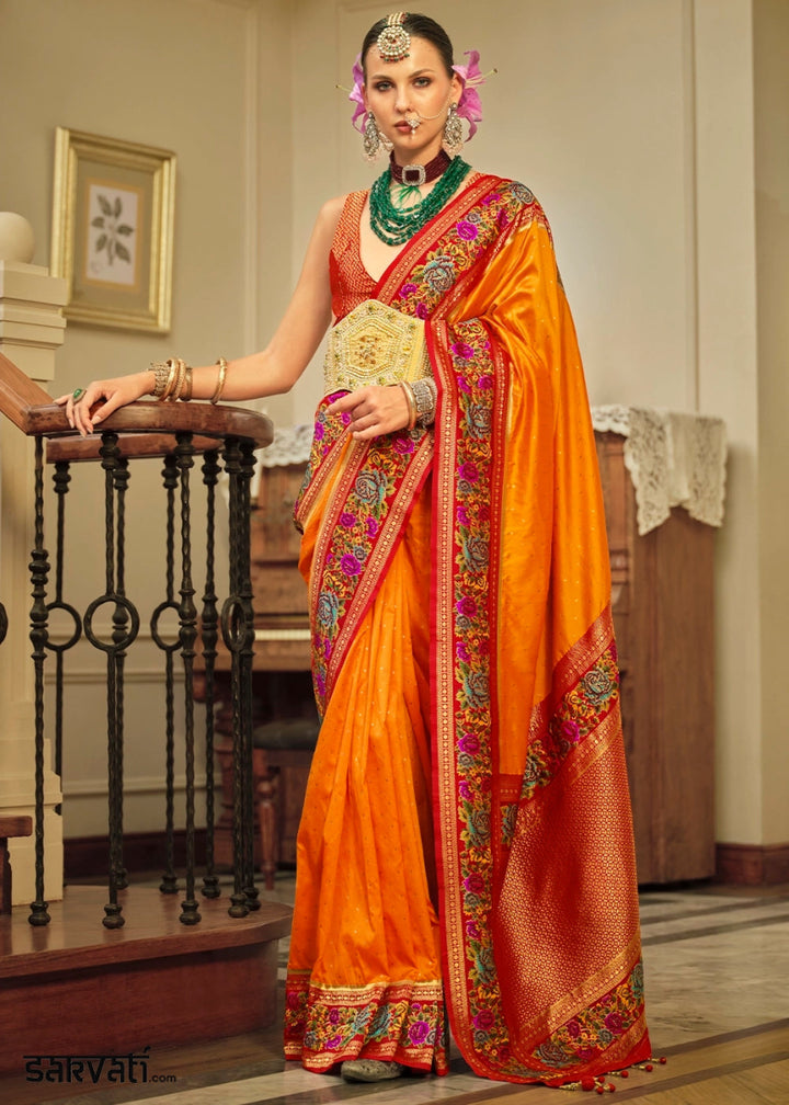 Pumpkin Orange Banarasi Silk Saree With Jacquard Butti Weaving And Meenakari Border & Pallu - House of Sarvati LLC