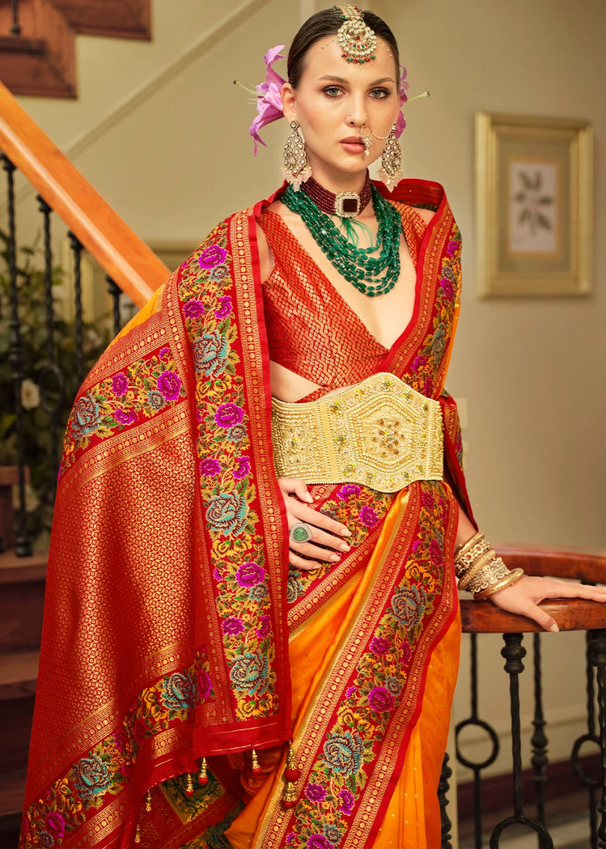 Pumpkin Orange Banarasi Silk Saree With Jacquard Butti Weaving And Meenakari Border & Pallu - House of Sarvati LLC