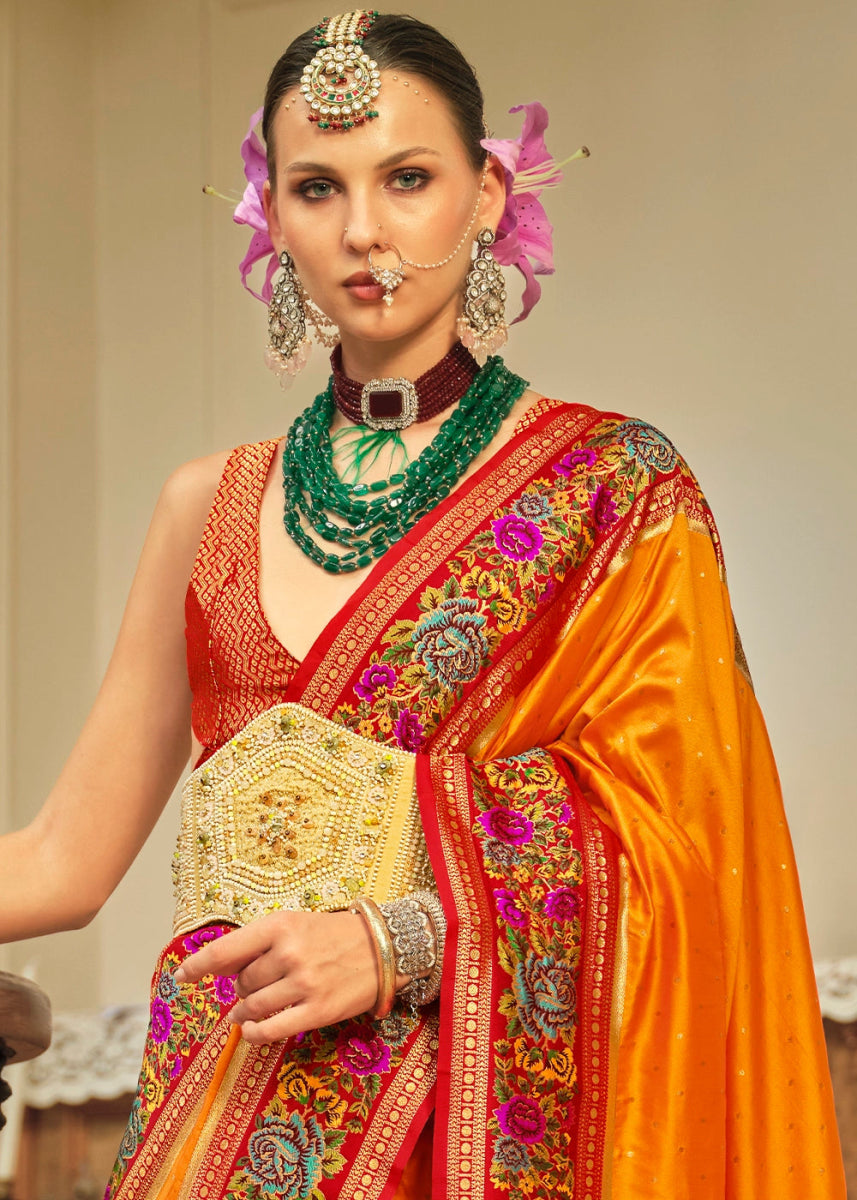 Pumpkin Orange Banarasi Silk Saree With Jacquard Butti Weaving And Meenakari Border & Pallu - House of Sarvati LLC