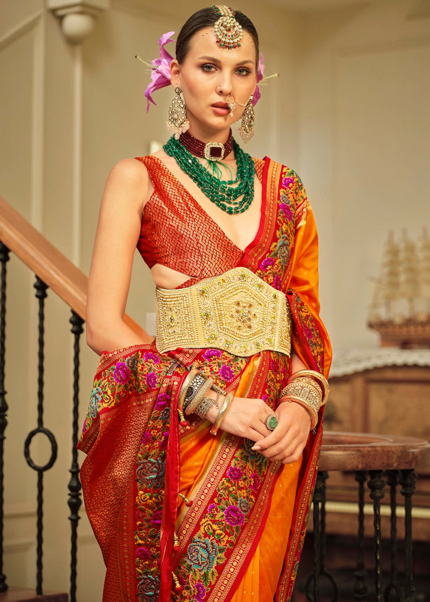 Pumpkin Orange Banarasi Silk Saree With Jacquard Butti Weaving And Meenakari Border & Pallu - House of Sarvati LLC