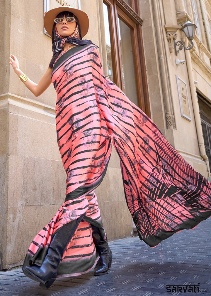 Punch Pink Lightweight Printed Saree in Satin Crepe - House of Sarvati LLC