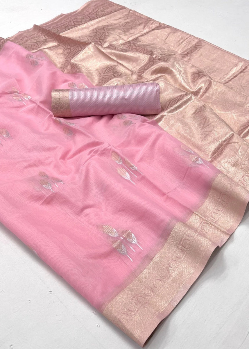 Punch Pink Linen Silk Saree with Woven Zari Highlights - House of Sarvati LLC