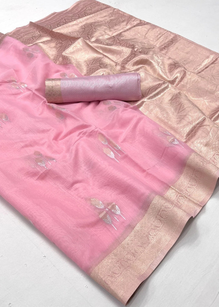 Punch Pink Linen Silk Saree with Woven Zari Highlights - House of Sarvati LLC