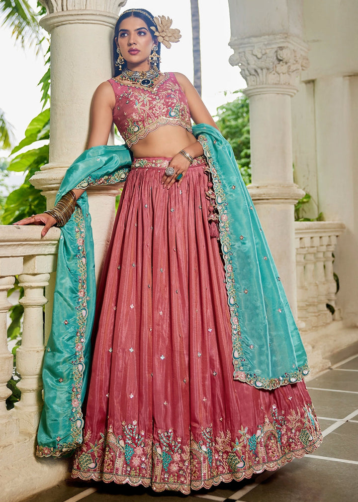 Punch Pink Satin Lehenga Choli with Elegant Floral Embroidery - House of Sarvati LLC