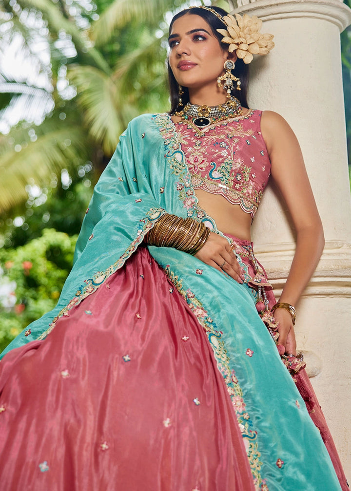 Punch Pink Satin Lehenga Choli with Elegant Floral Embroidery - House of Sarvati LLC
